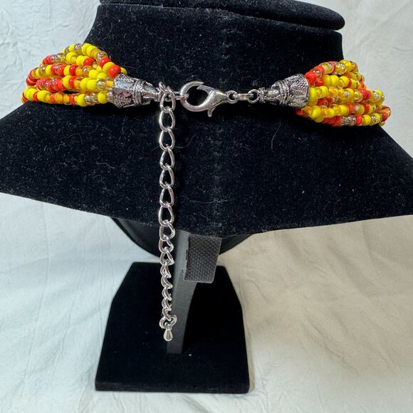 Multicolor 7 strand Seed Bead Statement Necklace With Silver & Orange Pendant - Picture 4 of 8